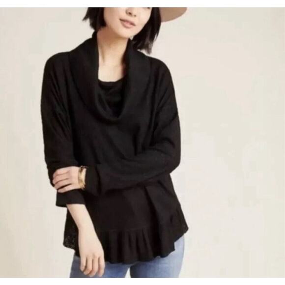 Anthropologie Maeve Sz XS Addie Black Ruffled Hacci Pullover Sweater Cowl Neck - Picture 1 of 9